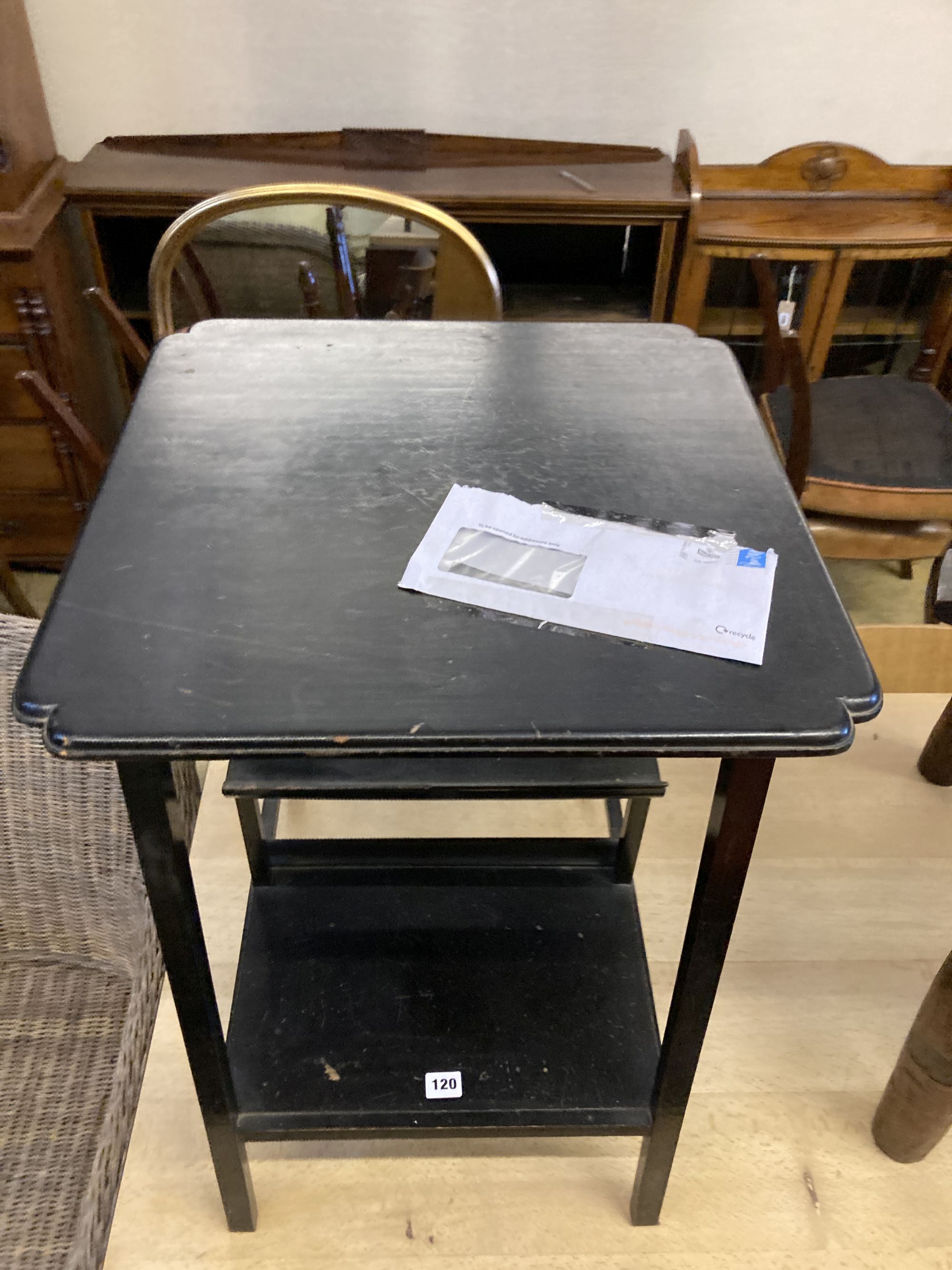 An Arts & Crafts Godwin style ebonised occasional table, width 50cm, depth 50cm, height 65cm